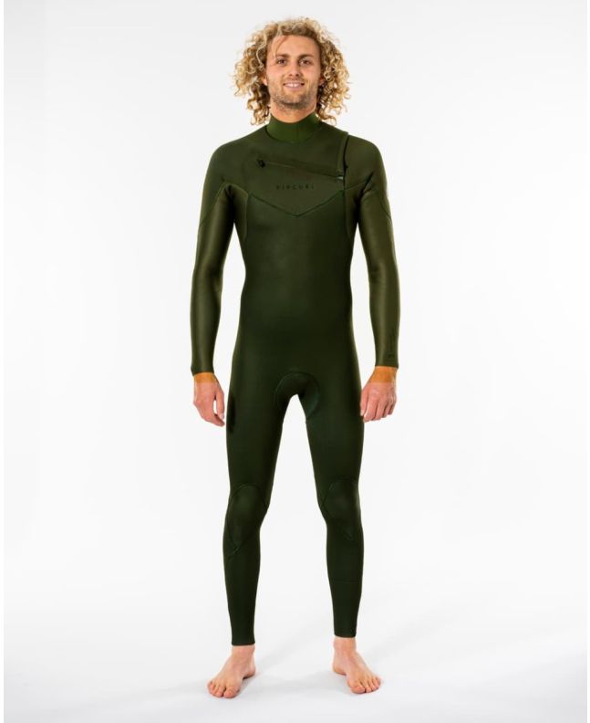 Hombre con traje de neopreno con cremallera el pecho Rip Curl Dawn Patrol Performance 5/3mm verde