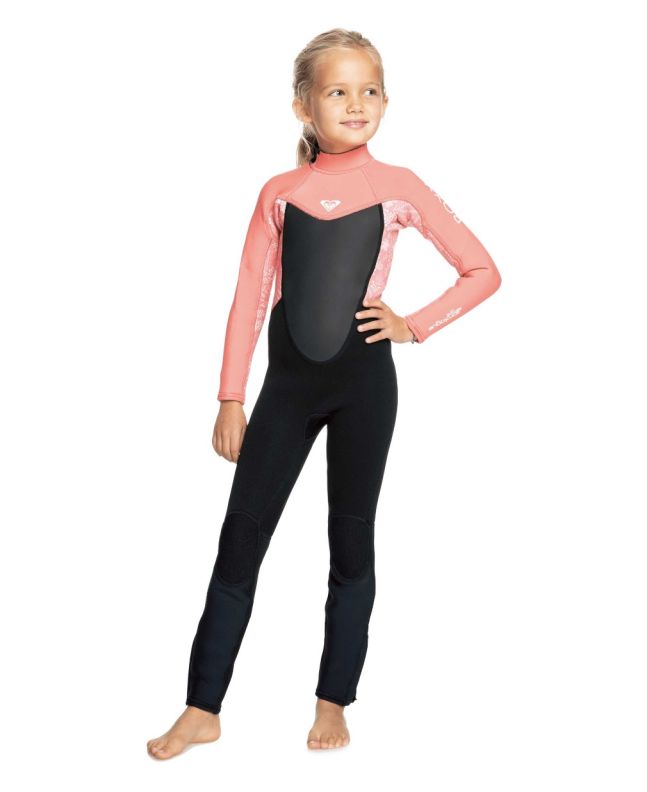 Traje de surf de neopreno con cremallera en la espalda Roxy Prologue Tiny 4/3mm en color coral y negro para niñas de 2 a 7 años 