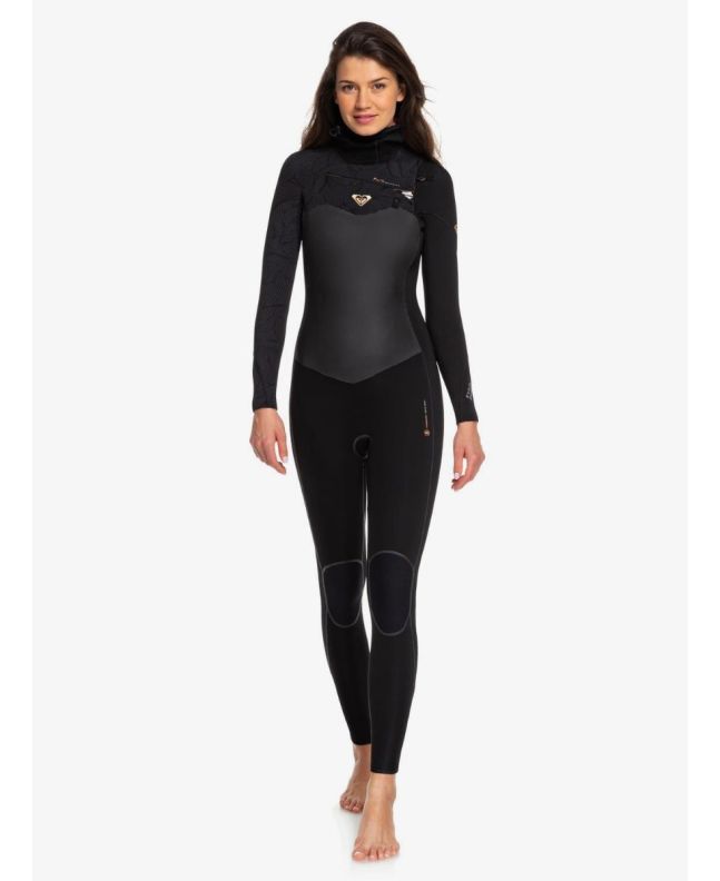 Mujer con traje de Surf con cremallera en el pecho y capucha Neopreno Roxy Performance 5/4/3 negro 