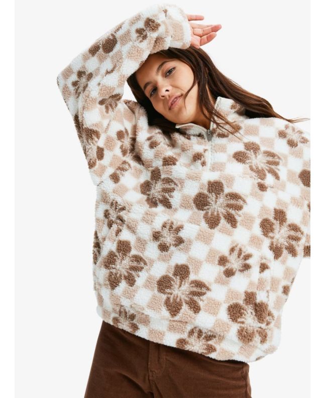 Mujer con Forro polar con media cremallera Roxy Jive Talking Bonded Blanco con estampado a cuadros y flores marrones