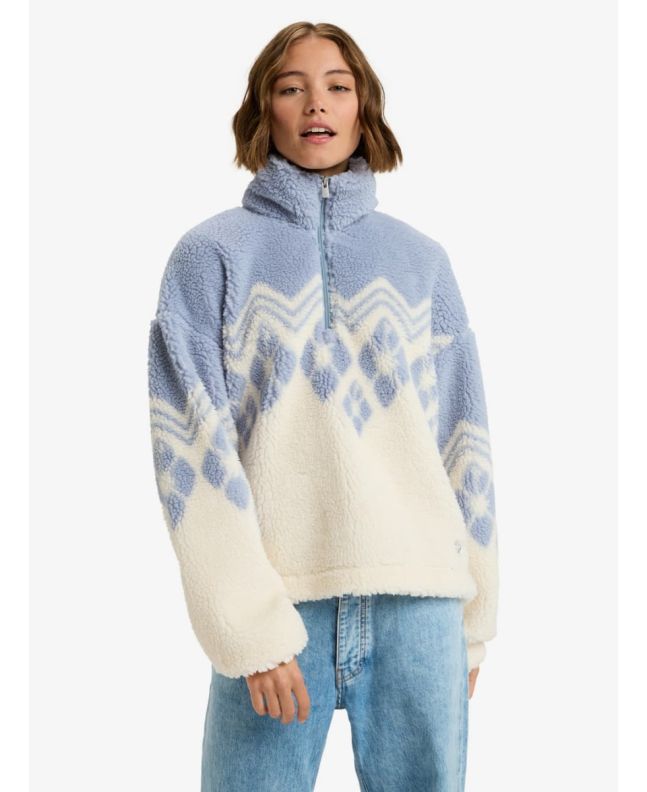 Mujer con forro polar sherpa de media cremallera Roxy Mountain Story Blanco y Azul