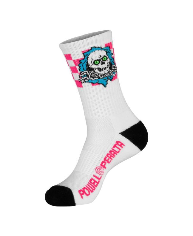 Calcetines Powell Peralta Ripper checker blancos con detalles azul y rosa para hombre