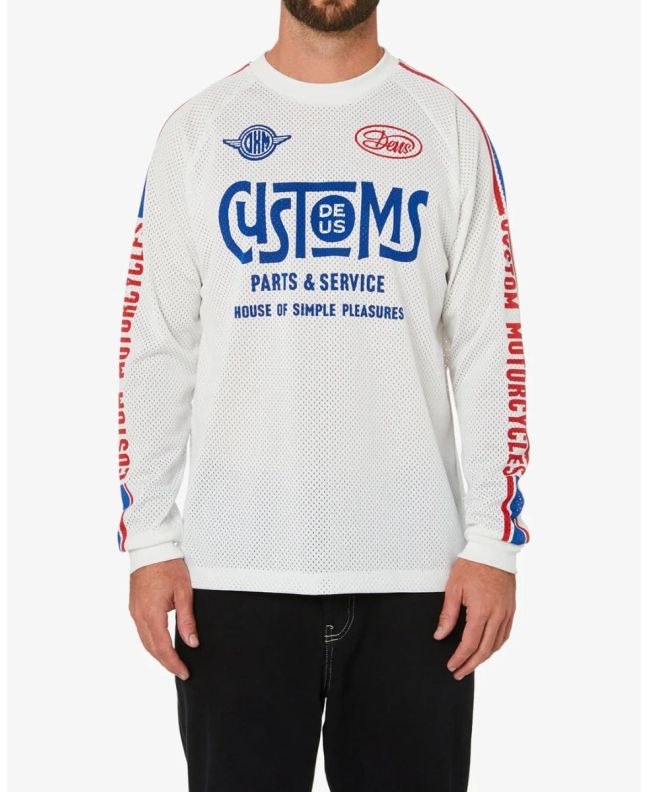 Hombre con maillot de moto Deus Ex Machina Ratchet Moto Jersey Blanco