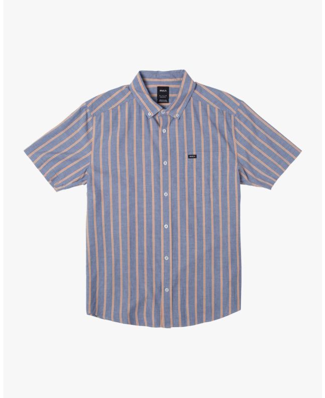 Camisa de manga corta Rvca Daybreak Stripe azul con rayas rojas para hombre