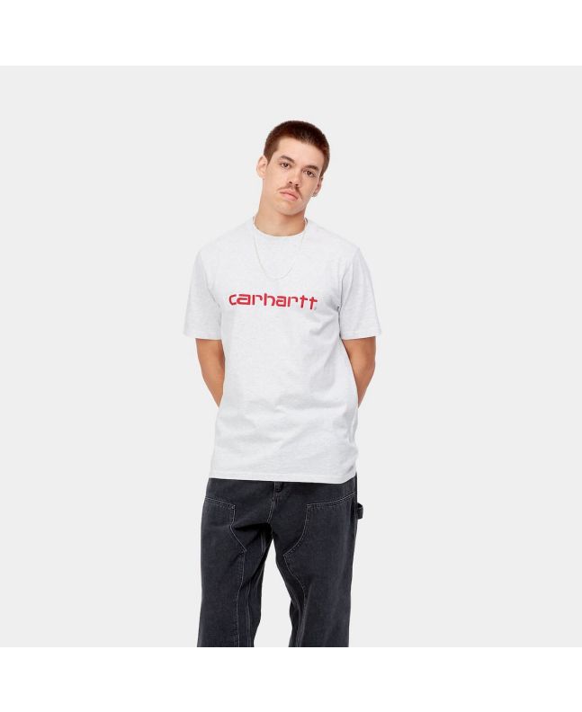 Hombre con camiseta de manga corta Carhartt WIP Script gris logo rojo