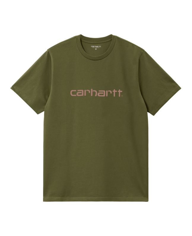 Camiseta de manga corta Carhartt WIP Script Verde con logo rosa brillante para hombre
