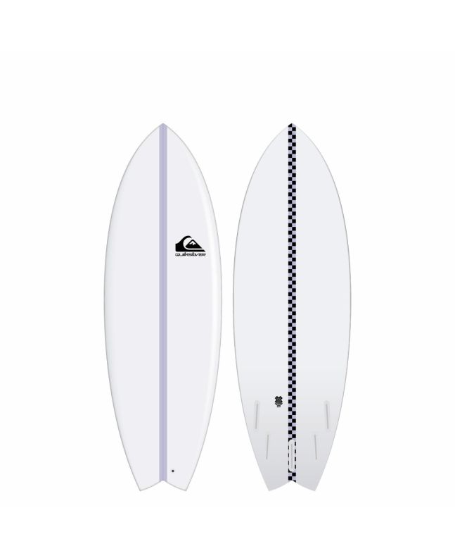 Tabla de Surf Shortboard Quiksilver Tang Fish 5'10" x 22 1/2 x 2 3/4 40 Litros blanca con detalles en morado Futures