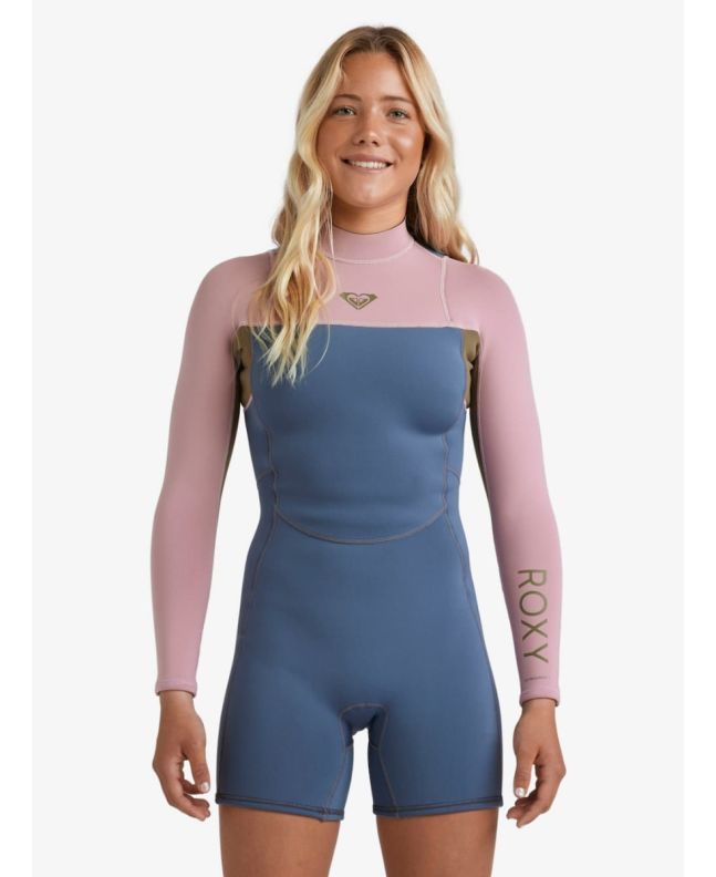 Mujer con Springsuit con manga larga y cremallera posterior Roxy 2/2mm Prologue+ color azul grisáceo, rosa y verde