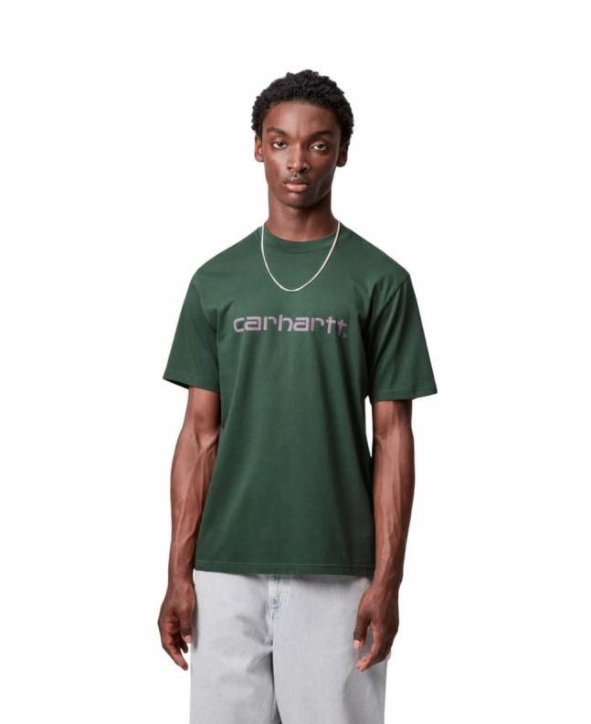 Hombre con Camiseta de manga corta Carhartt WIP Script Verde Sicomoro con logo morado