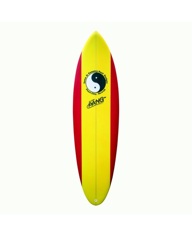 Tabla de Surf Town and Country Glenn Pang Retro Single Fin 7'2" en color amarillo y rojo