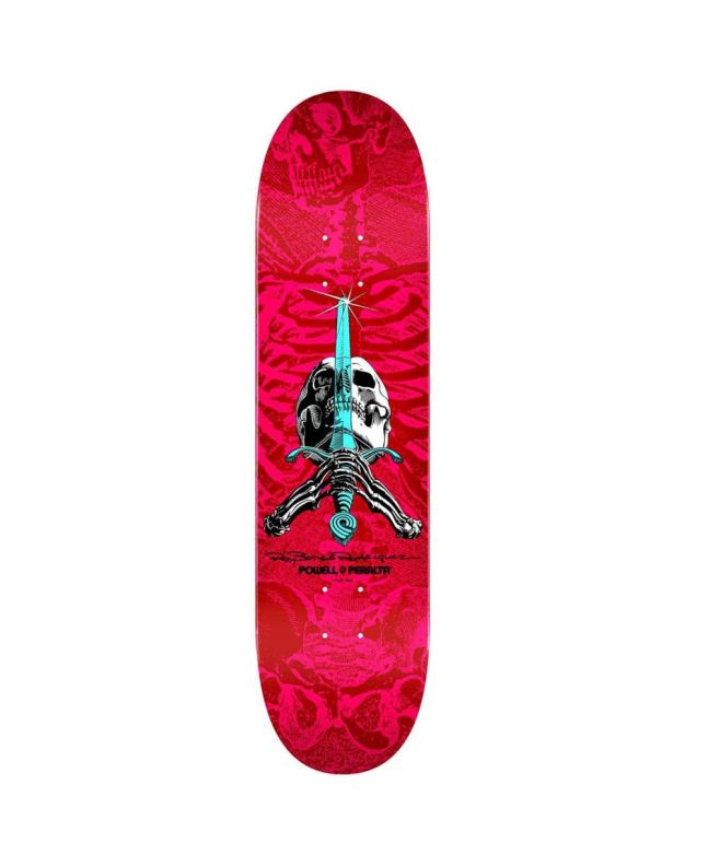 Tabla de Skateboard Powell Peralta Skull and Sword 8.5" en color rosa y rojo 