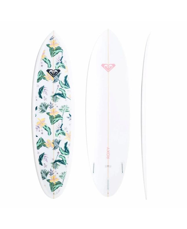 Tabla de Surf Shortboard Roxy Egg 6'2" 37,2L Blanca Floral Futures Thruster Round Tail