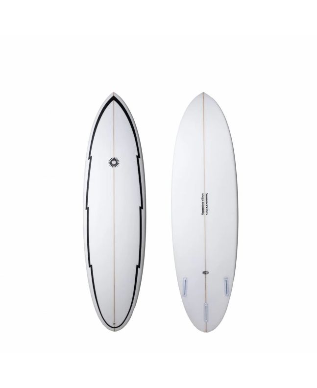 Tabla de surf Summer Vibes Discus 6'6'' blanca y negra con volumen extra y diseño tipo disco