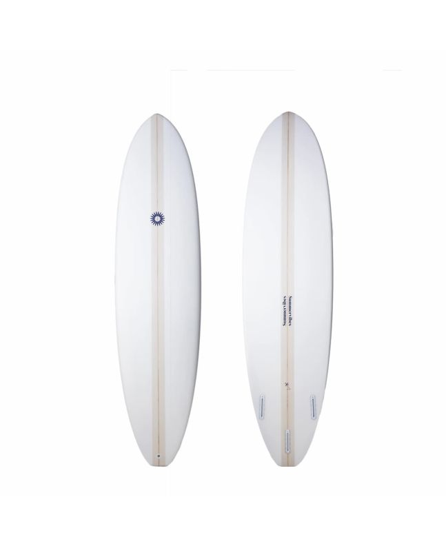 Tabla de surf Mini Mal Summer Vibes 8'0 blanca y beige con cola squash y configuración Thruster Futures