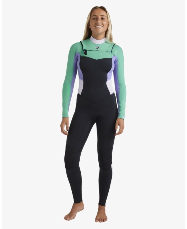 Mujer con traje de neopreno con cremallera en el pecho Billabong Salty Dayz Natural 4/3mm Aqua Haze
