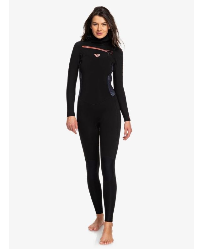 Mujer con traje de surf con cremallera en el pecho y capucha Roxy 5/4/3mm Syncro Series negro