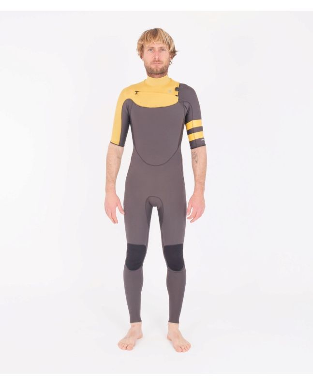 Traje de surf con cremallera en el pecho y manga corta Hurley Advantage Fullsuit 2/2mm gris y amarillo para hombre 