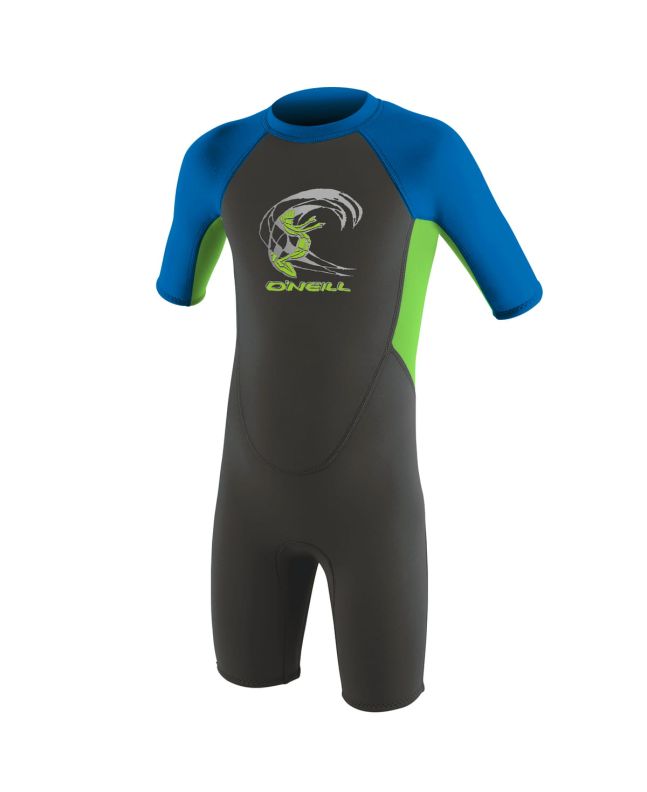 Traje de surf de primavera con manga corta y cremallera en la espalda O'Neill Toddler Reactor II 2mm en grafito, lima y azul para niños de 1 a 6 años