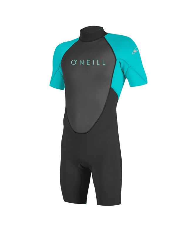 Traje de neopreno corto O'Neill Youth Reactor 2/2mm Back ZIp Spring color negro y aguamarina para niño/a