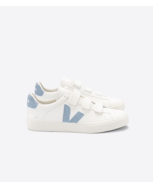 Zapatillas con velcro Veja Recife Chromefree Leather White Steel blancas y azules 