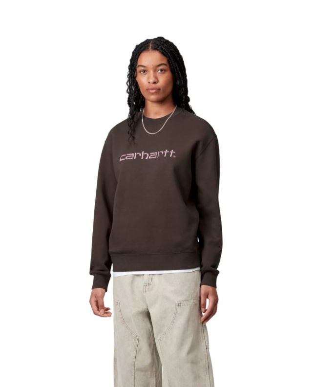 Mujer con con sudadera Carhartt WIP marrón Vitola y bordado morado phlox