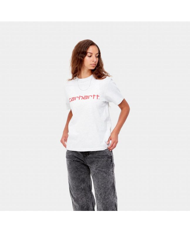 Mujer con camiseta orgánica de manga corta Carhartt WIP W' Script Ash Heather Rocket