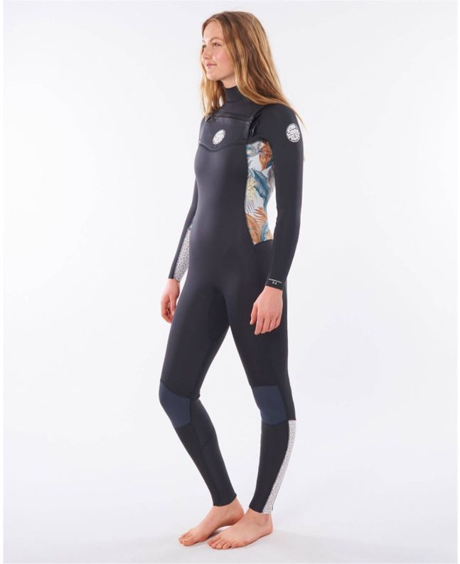 Traje de surf de neopreno con cremallera en el pecho Rip Curl Dawn Patrol 5/3 Chest Zip negro para mujer izquierda 