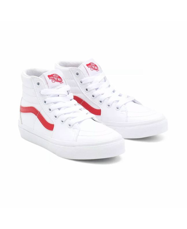 Zapatillas de caña alta Vans Sk8-Hi Pop Classic Tumble en color blanco y banda lateral sidestripe roja para niños de 4 a 8 años