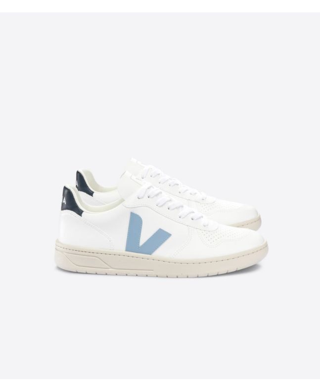 Zapatillas veganas Veja V-10 CWL White Orange Fluo Unisex blancas con azul 
