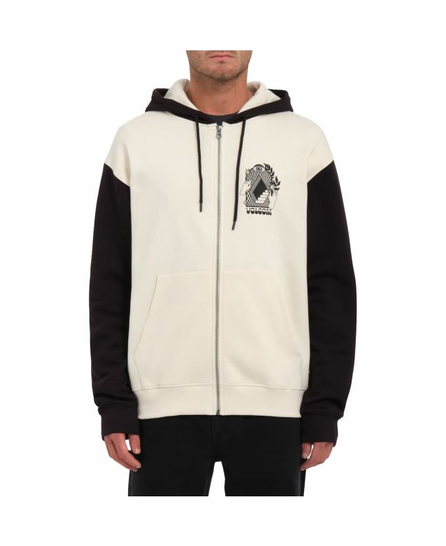 Hombre con sudadera de capucha y cremallera Volcom Watanite blanca y negra