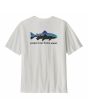 Camiseta Patagonia blanca con gráfico grande de trucha y texto protect our home water en la espalda para hombre