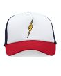 Gorra de malla Lightning Bolt Bolt Trucker blanca, roja y azul Unisex frontal