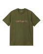 Camiseta de manga corta Carhartt WIP Script Verde con logo rosa brillante para hombre