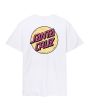 Camiseta Santa Cruz Wagon Dot blanca con logo rosa y fondo madera en la espalda para hombre