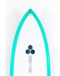 Shortboard Channel Islands Al Merrick Twin Pin 5'11" 32.9L en color turquesa posterior nose