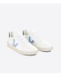 Zapatillas veganas Veja V-10 CWL White Orange Fluo Unisex blancas con azul frontal