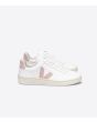 Zapatillas sostenibles Veja V-12 Leather White Babe blancas con logo rosa 