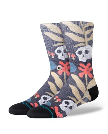 Calcetines Stance Tropiskull Crew en color negro, con diseño floral y calaveras, amortiguación media y caña media-alta