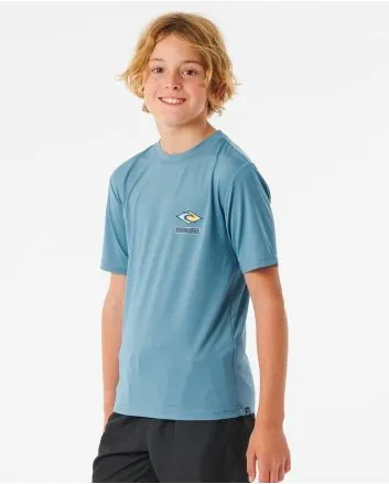 Niño con camiseta técnica de manga corta Rip Curl Tube Heads azul con protección solar UPF 50