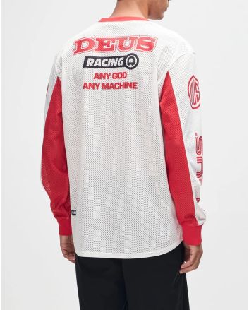 Hombre con Camiseta motera Deus Ex Machina Step Out Moto Jersey Blanco-Rojo