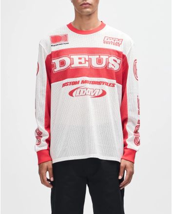 Hombre con Camiseta motera Deus Ex Machina Step Out Moto Jersey Blanco-Rojo