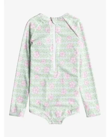 Licra de manga larga con protección solar UPF 50+ Hibiline Onesie Blanco y Verde Floral para niñas de 2 a 7 años