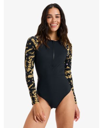 Licra de surf Roxy mujer con manga larga y cremallera negra con estampado floral