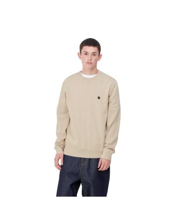 Hombre con jersey de lana Carhartt WIP Madison Sweater Beige con logo negro