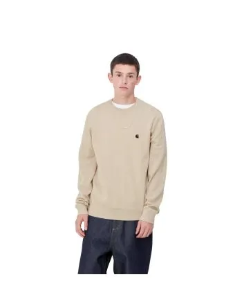Hombre con jersey de lana Carhartt WIP Madison Sweater Beige con logo negro