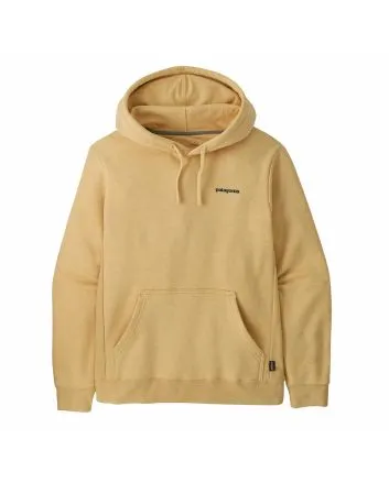 Sudadera con capucha Patagonia Boardshort Logo Uprisal Hoody unisex en color amarillo Beeswax Tan, vista trasera con gráfico surf y logo