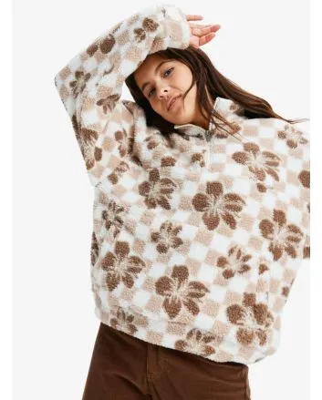 Mujer con Forro polar con media cremallera Roxy Jive Talking Bonded Blanco con estampado a cuadros y flores marrones