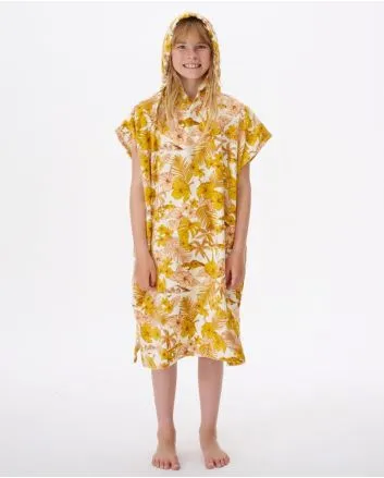 Niña con Toalla poncho con capucha Paradise amarillo retro floral 