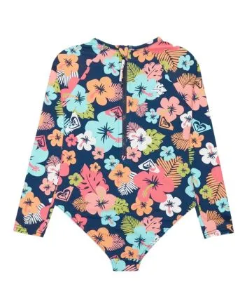 Licra de protección solar tipo bañador Roxy Morning Flower Onesie azul floral para niña 2-7 años