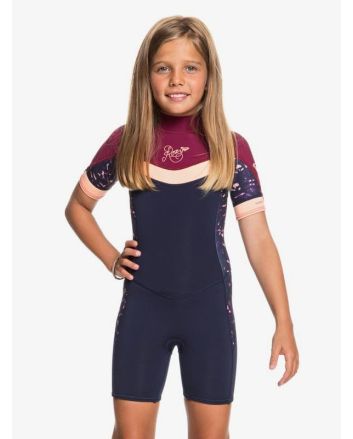 Traje de surf de primavera Roxy Syncro 2/2mm con manga corta cremallera espalda para niña 2 a 7 años en color azul y granate